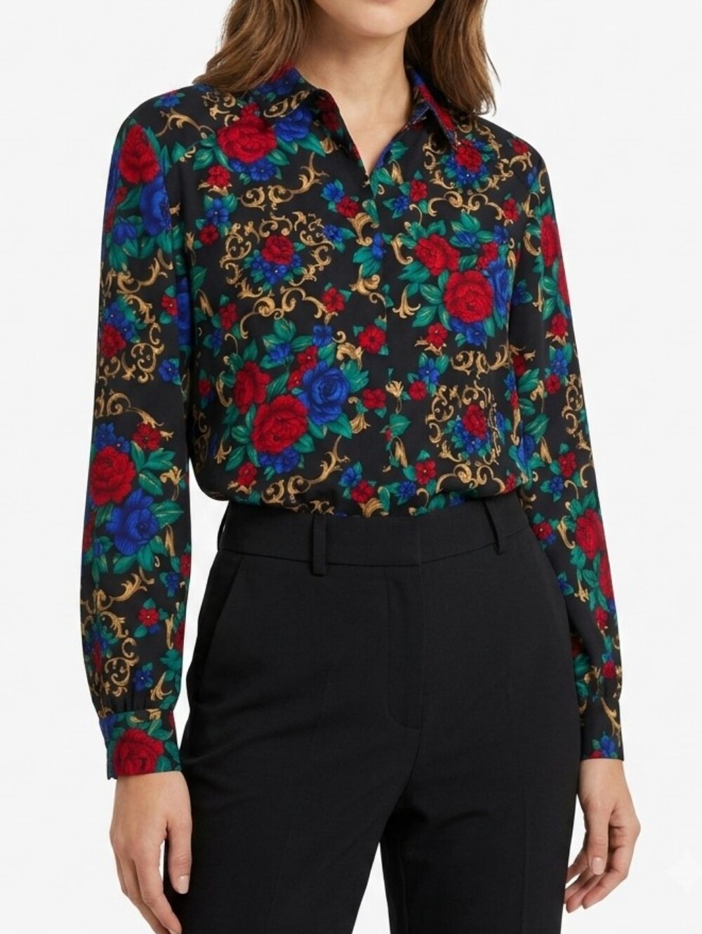Floral Baroque Black Button-Down Shirt - Women's
